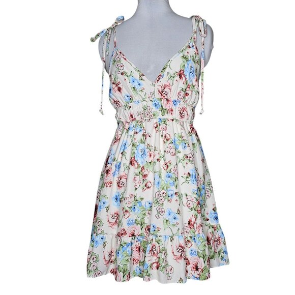 Altar'd State S Cream Floral Mini Babydoll Dress Tie Shoulder Ruffle Hem Cottage - Picture 1 of 5
